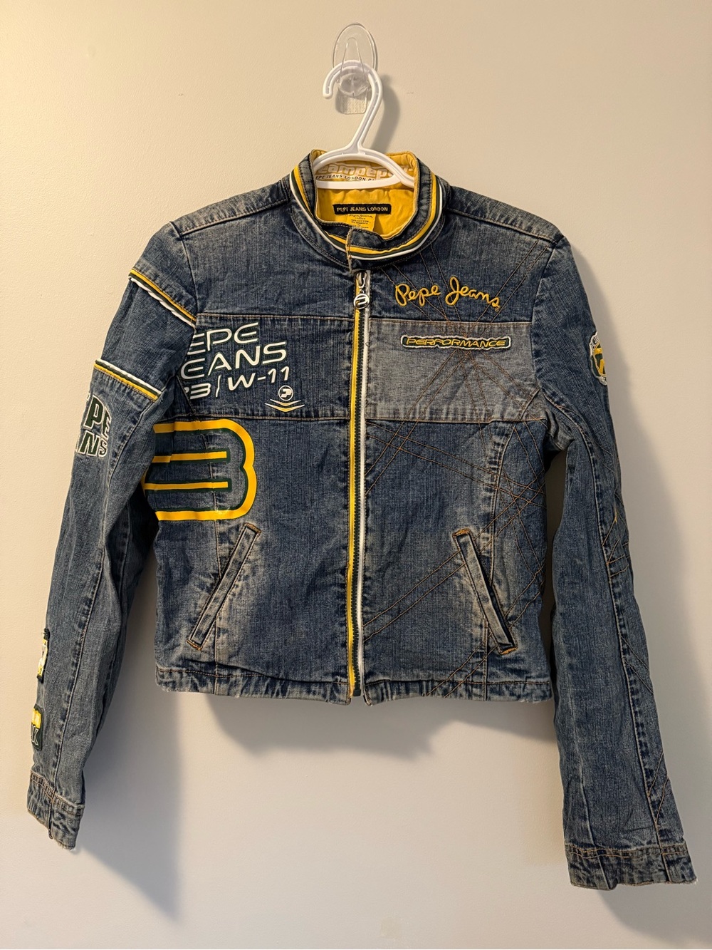 Pepe Jeans Blue Denim Moto Jacket with Yellow Accents